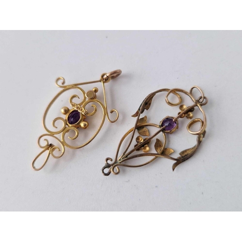 597 - A gold and amethyst pendant 18ct gold and another set in gold AF 3 gms inc.