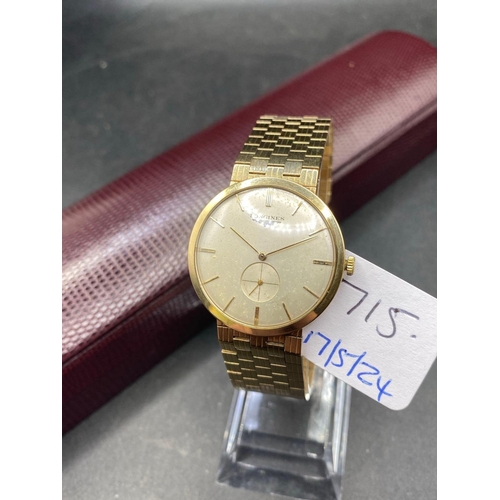 715 - A ATTRACTIVE LONGINES WRIST WATCH 9CT JUST BEEN SERVICED APPROX 7.5 INCHES LONG 52.9 GMS INC.