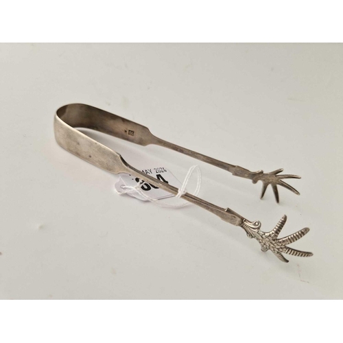 864 - A pair of Exeter claw decorated sugar tongs, 1852 by JW,JW