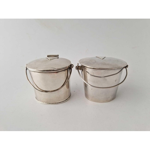 881 - A pair of novelty milk buckets with hinged covers and handles, 2 1/4