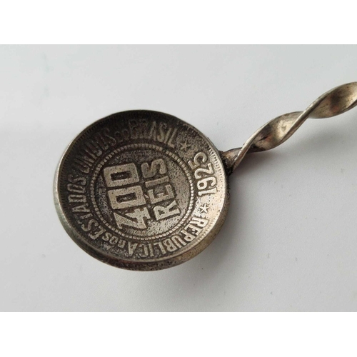 893 - A silver spoon inset with a Brazil silver coin bowl and hard stone top, 11 inches long