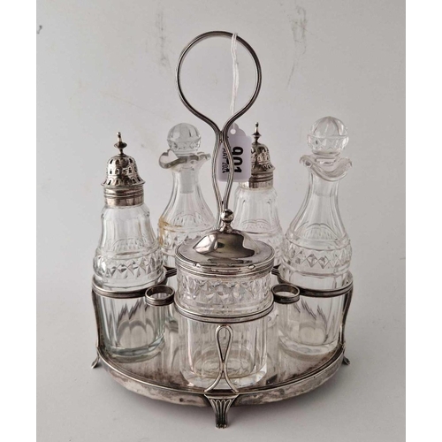 901 - A good oval George III cruet set with five bottles and central ring handle, 9.5 inches high, London ... 