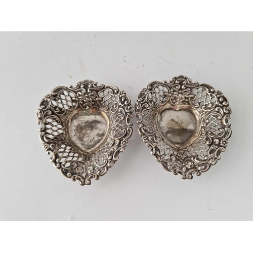 903 - A pair of small heart shaped embossed dishes, 3.5 inches wide, Birmingham 1897, 31 g