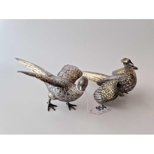 954 - A pair of pheasants with tooled gilt plumage, 7 inches long, Import mark for London 1974, 320 g