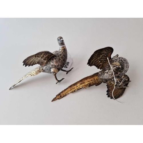 954 - A pair of pheasants with tooled gilt plumage, 7 inches long, Import mark for London 1974, 320 g