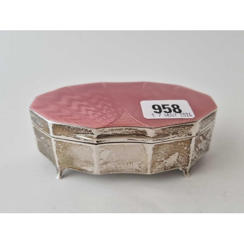 958 - A pink enamel top jewellery box on bracket feet, 5 inches long, Birmingham 1937