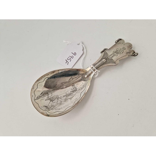 995F - Continental caddy spoon the bowl engraved with a sledging scene. 4.5 in long  By G R L