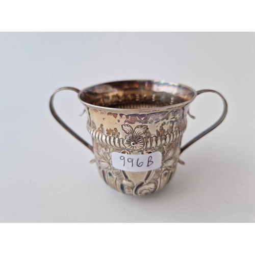 996B - Early George III two handled cup of William and Mary design. 5 in over handles. London 1763 By W C ?... 