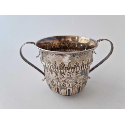 996B - Early George III two handled cup of William and Mary design. 5 in over handles. London 1763 By W C ?... 