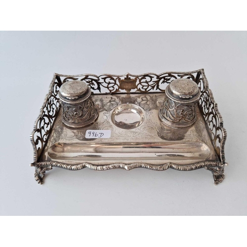 996D - Victorian ink stand with two pierced ink pots and gallery sides. 8.5 in wide