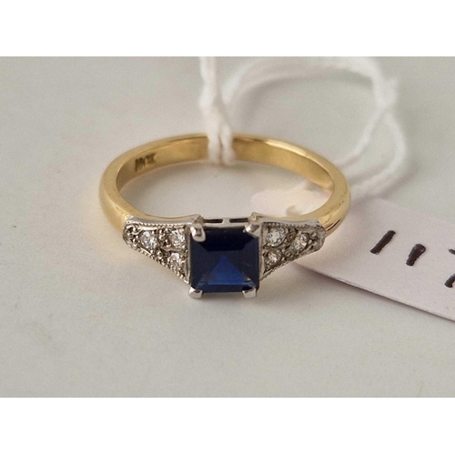 117 - 18ct and platinum square sapphire single stone ring with diamond set shoulders, size P, 3.8g