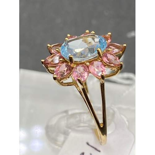 156 - A GOOD AQUAMARINE AND PINK TOURMALINE STAR SHAPED RING SIZE N 2.4 g