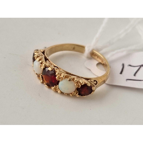 178 - An opal & garnet 9ct five stone ring size K 2.8g inc