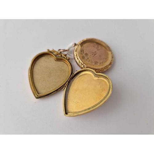 227 - Two 9ct back and front lockets, circular and heart shaped 12.1 g