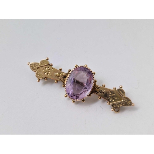 24 - FOUR 9ct BROOCHES INCLUDING ONE GOOD AMETHYST SET, 9.9 g