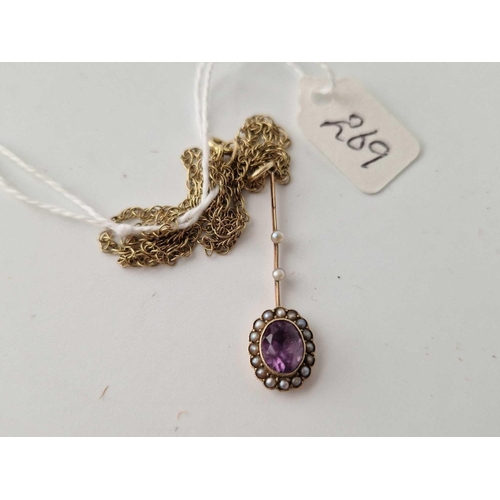 269 - An antique amethyst & pearl gold pendant on gold chain 3.4g