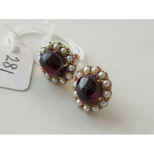 281 - A pair of large cabochon garnet and pearl earrings, 9ct, 6.8 g