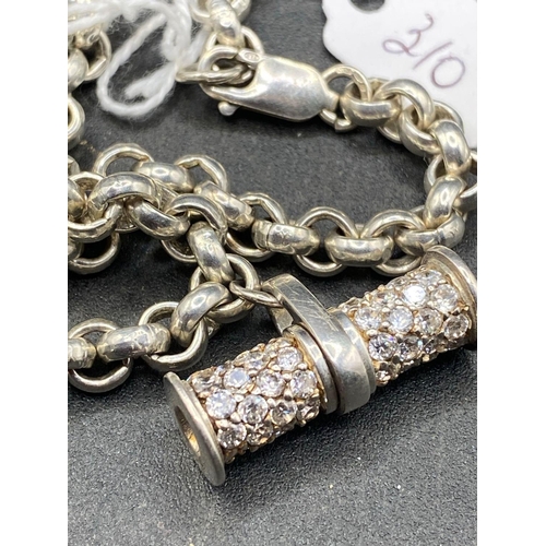 310 - A silver belcher link bracelet with stone t bar