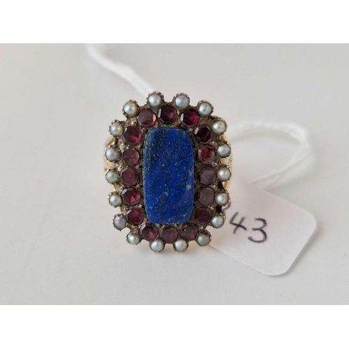 343 - A large yellow metal lapis garnet and pearl dress ring, size R, 7 g