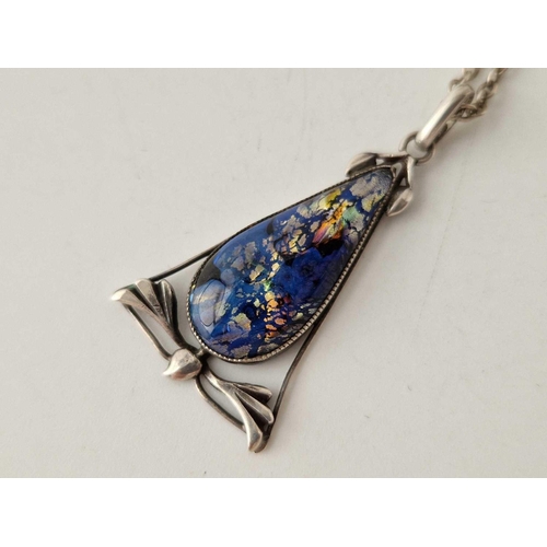 357 - An Art Nouveau silver and harlequin foiled glass pendant and brooch by Thomas L Mott, 18 inch