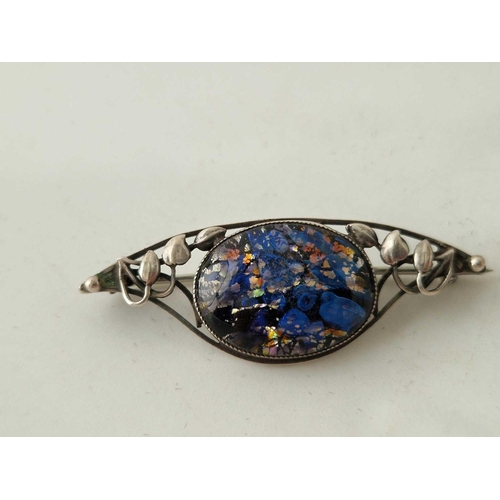 357 - An Art Nouveau silver and harlequin foiled glass pendant and brooch by Thomas L Mott, 18 inch