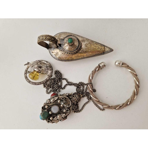 407 - Four white metal items including torque bangle Scottish brooch Aladdin lamp and gem set flask on cha... 