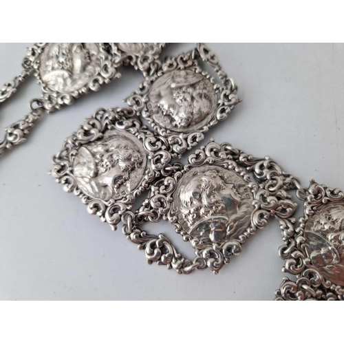 412 - Art Nouveau silver belt decorated with cherubs and an Art Nouveau Lady on the clasp, hallmarked Birm... 