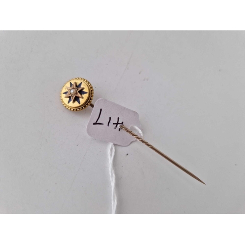 417 - Antique 15ct marked stickpin, enamelled and set with a central pearl