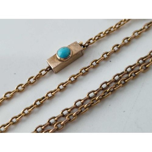 419 - Antique gold trace chain, on gold box shaped clasp set with a turquoise, length 15.75 inches