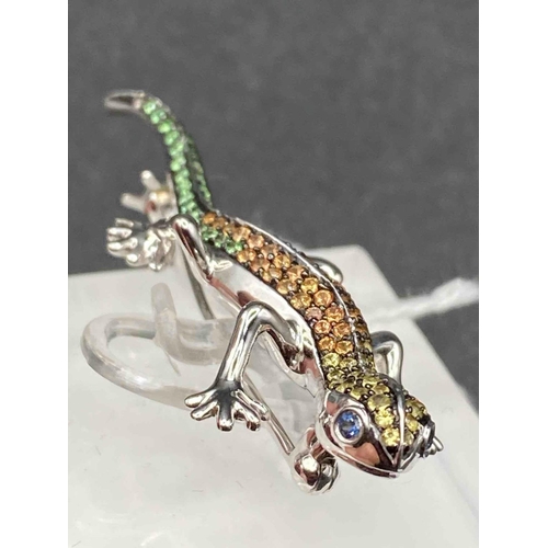 448 - A DIAMOND AND FANCY COLOURED DIAMOND SALAMANDER BROOCH WITH BLUE DIAMOND EYES 18CT GOLD 7 g