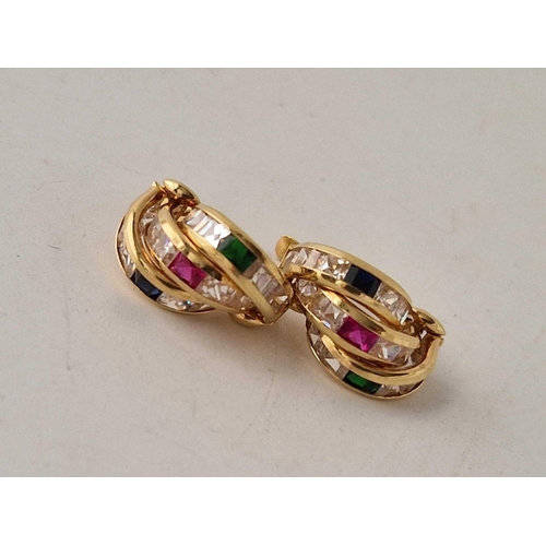 46 - A pair of vintage gem set hoop earrings in 18ct gold 4.4g