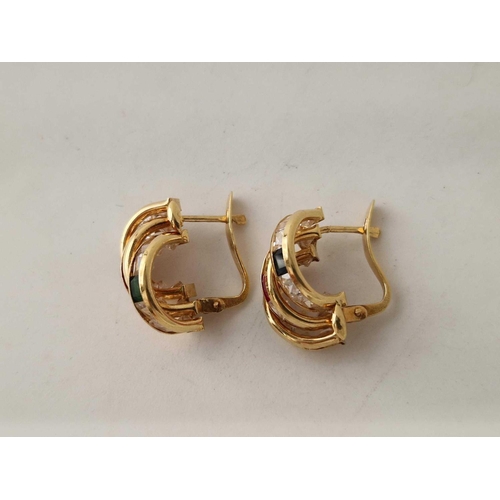 46 - A pair of vintage gem set hoop earrings in 18ct gold 4.4g