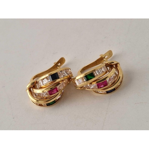 46 - A pair of vintage gem set hoop earrings in 18ct gold 4.4g