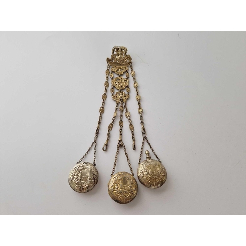 515 - Antique French silver gilt chatelaine, with a pin cushion, a scent flask and a pin box, the pin box ... 