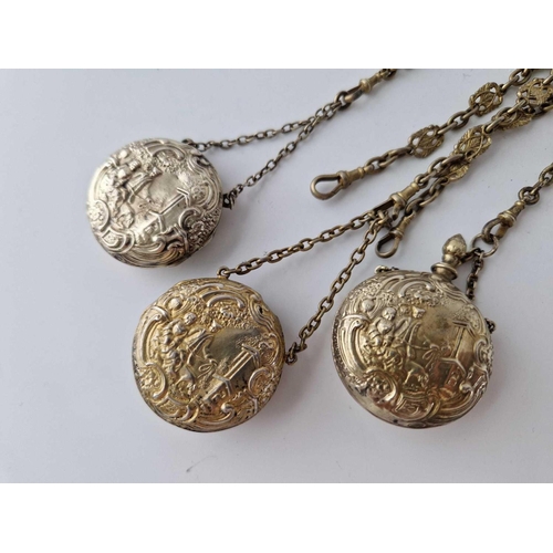 515 - Antique French silver gilt chatelaine, with a pin cushion, a scent flask and a pin box, the pin box ... 