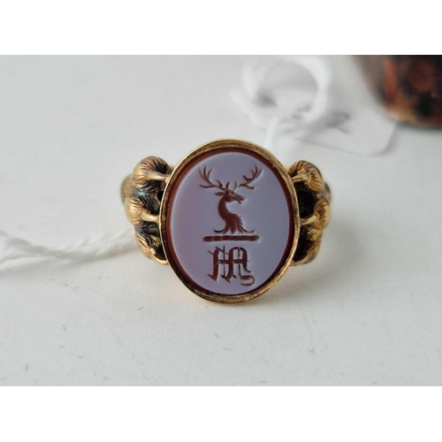 52 - A VICTORIAN CLAW SET STAG INTAGLIO SIGNET RING, 18ct test, dated 1869, size M, 8.3 g boxed