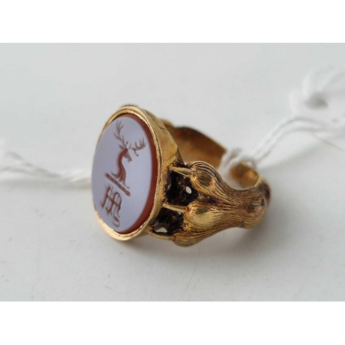 52 - A VICTORIAN CLAW SET STAG INTAGLIO SIGNET RING, 18ct test, dated 1869, size M, 8.3 g boxed