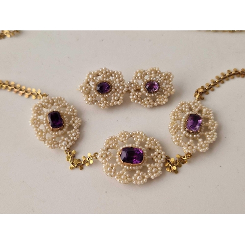 56 - A GEORGIAN SEED PEARL GOLD AND AMETHYST NECKLACE AND BROOCH SET, 16inch, boxed