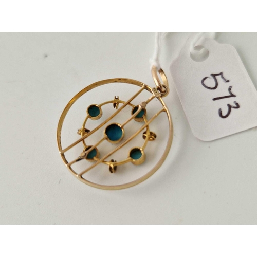 573 - Antique 9ct turquoise & enamel pendant