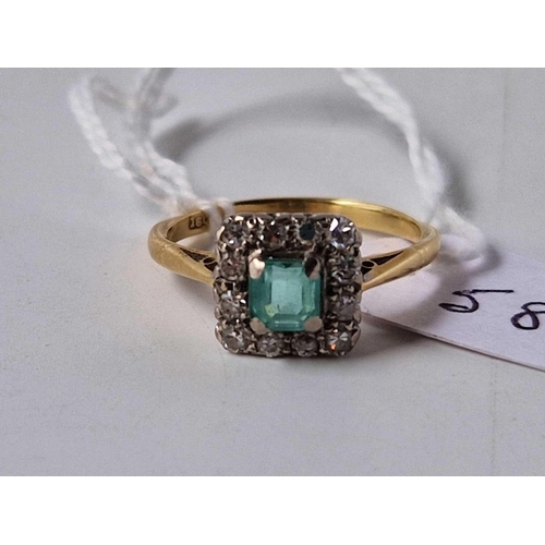 581 - A green stone and diamond square cluster ring, 18ct, size N, 2.8 g