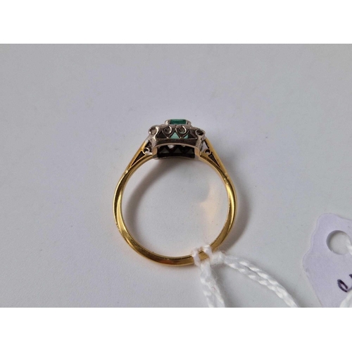 581 - A green stone and diamond square cluster ring, 18ct, size N, 2.8 g