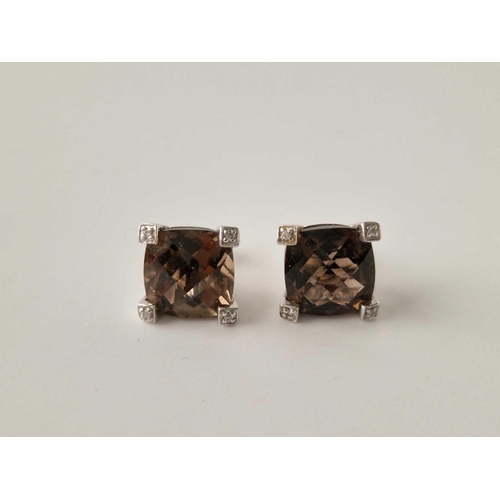 61 - A large pair of vintage smoky quartz & diamond quality earrings in 9ct 4.8g