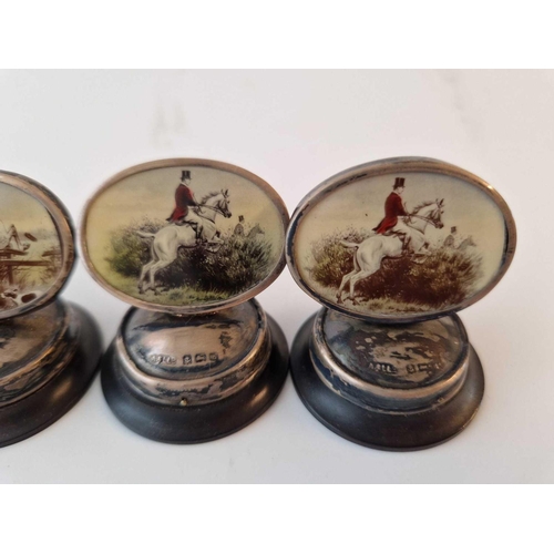 801 - Set of Four Menu Stands with Painted Horses & Rider Panels Wood Bases 1.5�
High Birmingham 1906 by A... 