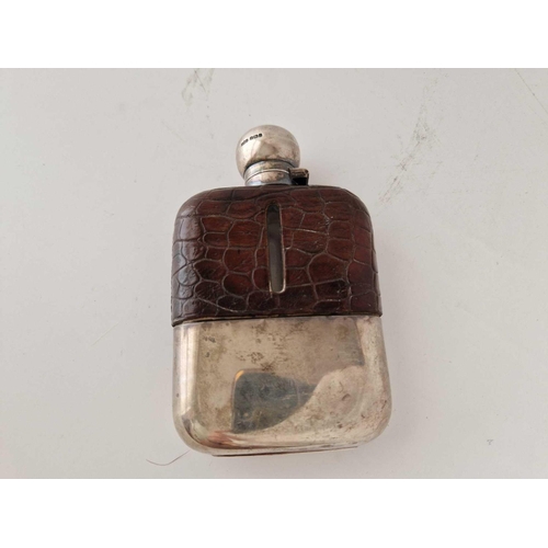 815 - Silver Mounted Hip Flask Glass Body Coved with Crocodile Skin 5.5