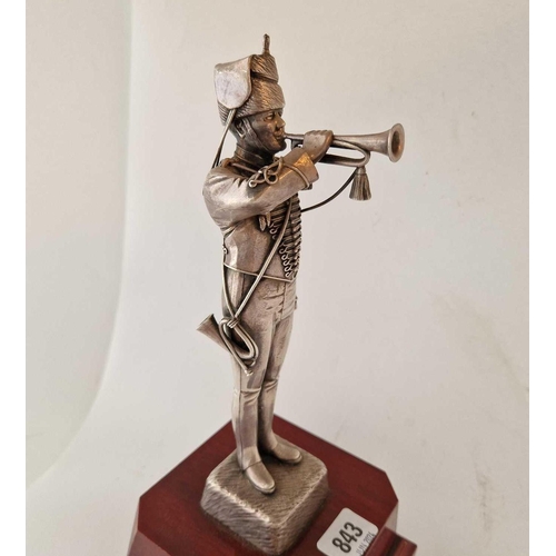 843 - A Silver Coloured Model of Trumpeter on Wooden base 12.5�