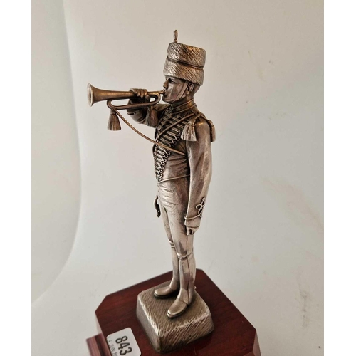 843 - A Silver Coloured Model of Trumpeter on Wooden base 12.5�