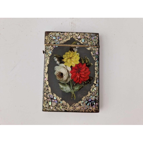 890 - A Victorian papier mache card case with painted panel of flowers