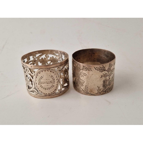 941 - An attractive pierced and engraved napkin ring, Sheffield 1909 and another, London 1904, 61