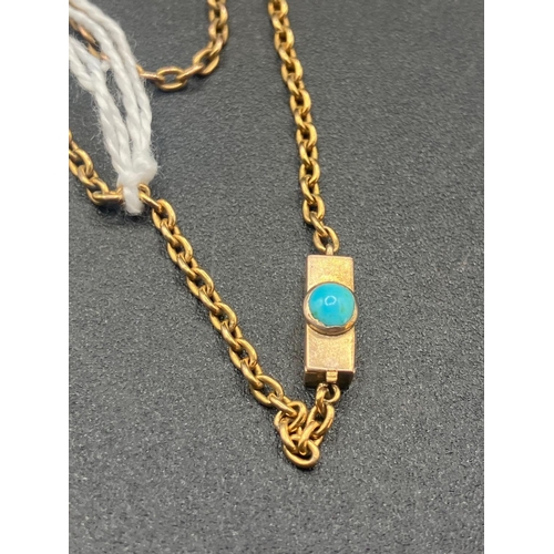 419 - Antique gold trace chain, on gold box shaped clasp set with a turquoise, length 15.75 inches