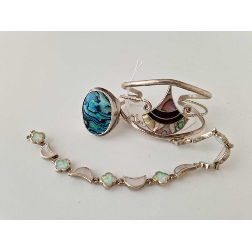 106 - A silver and abalone ring size P and bangle with multi stone moonstone bracelet 36 gms